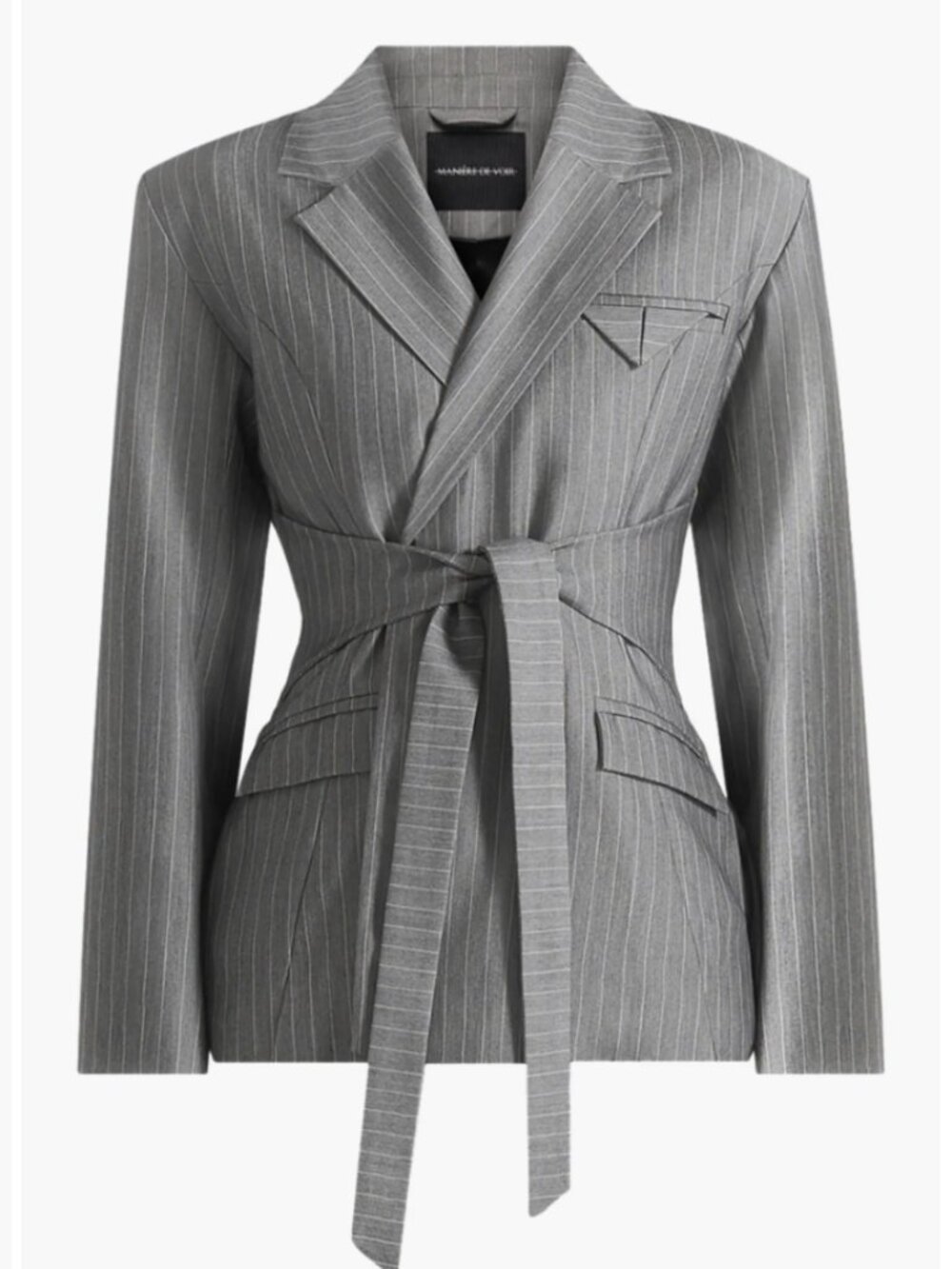 Manière de Voir Delphine Pinstripe Wrap Tie Blazer Black US 2 - Picture 2 of 9